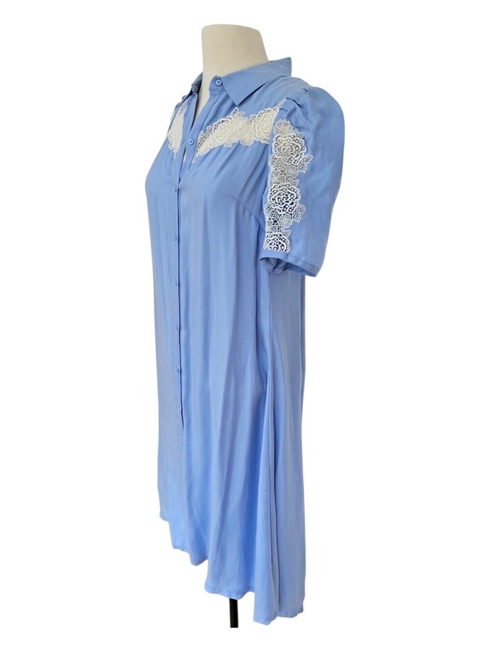 SANDRO PARIS Lace-Inset Down Duster Dress Sky Blue Sz FR 34 XS - Picture 4 of 10